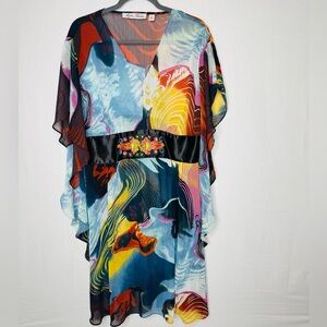 Meghan Fabulous Chiffon Sheer Dress Coverup Artsy Sunset Gathered Waist Beaded